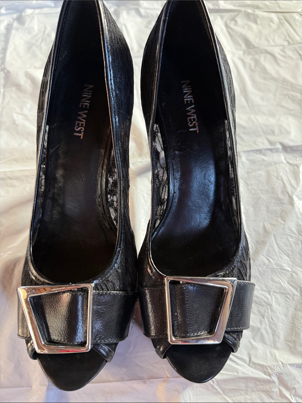 Nine West Black Peep-Toe Heels with Silver Buckle